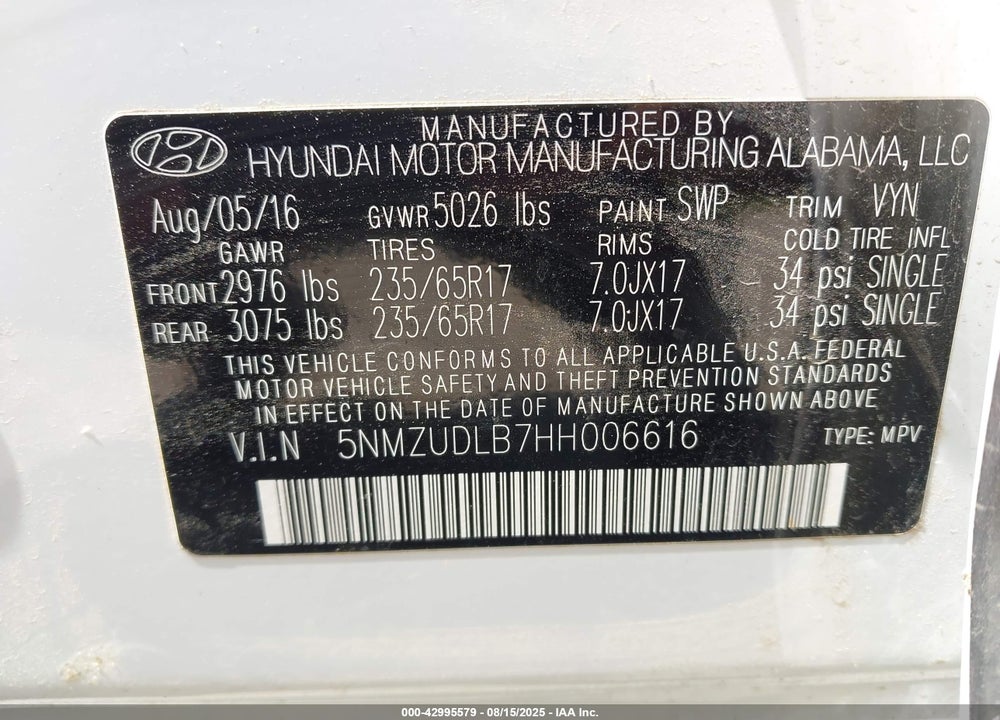 2017 HYUNDAI SANTA FE VIN: 5NMZUDLB7HH006616