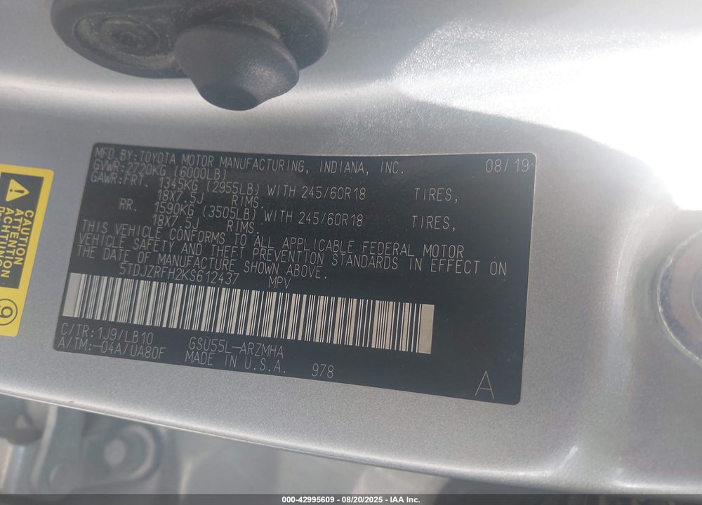 2019 TOYOTA HIGHLANDER VIN: 5TDJZRFH2KS612437