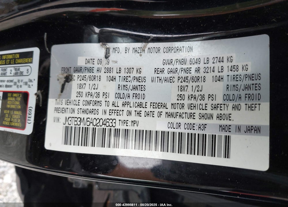 2010 MAZDA CX-9 VIN: JM3TB3MV6A0204633