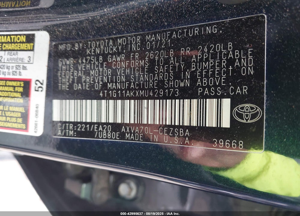 2021 TOYOTA CAMRY VIN: 4T1G11AKXMU429173