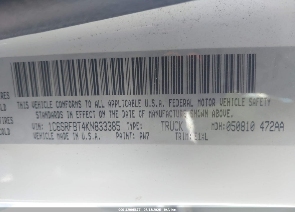 2019 RAM 1500 VIN: 1C6SRFBT4KN833385
