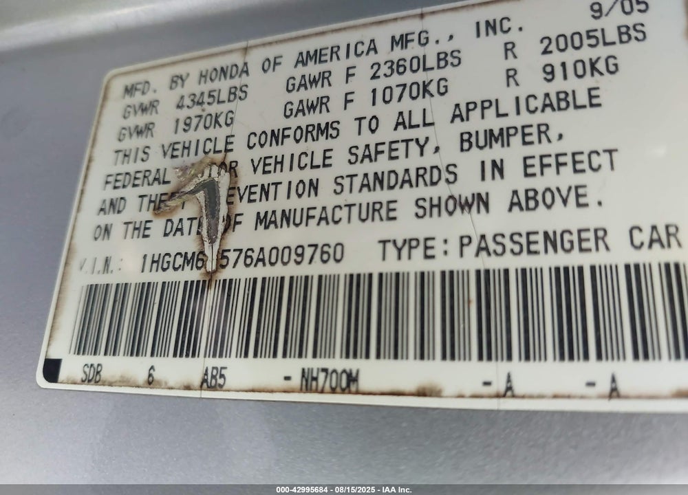 2006 HONDA ACCORD 3.0 EX VIN: 1HGCM66576A009760