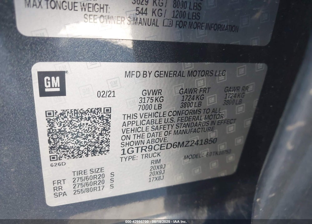 2021 GMC SIERRA 1500 VIN: 1GTR9CED6MZ241850