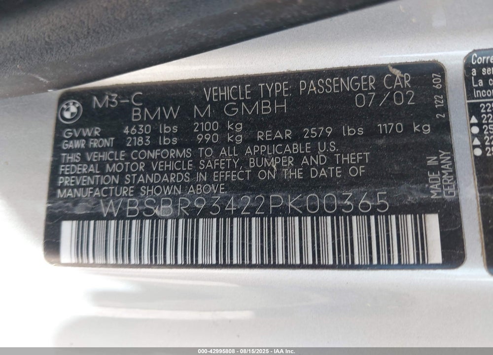 2002 BMW M3 VIN: WBSBR93422PK00365