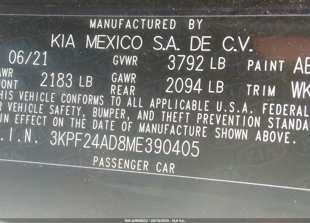 2021 KIA FORTE VIN: 3KPF24AD8ME390405