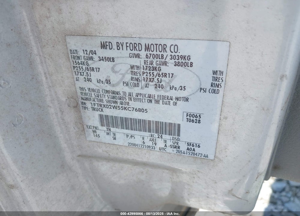 2005 FORD F-150 STX/XLT VIN: 1FTRX02W55KC76805