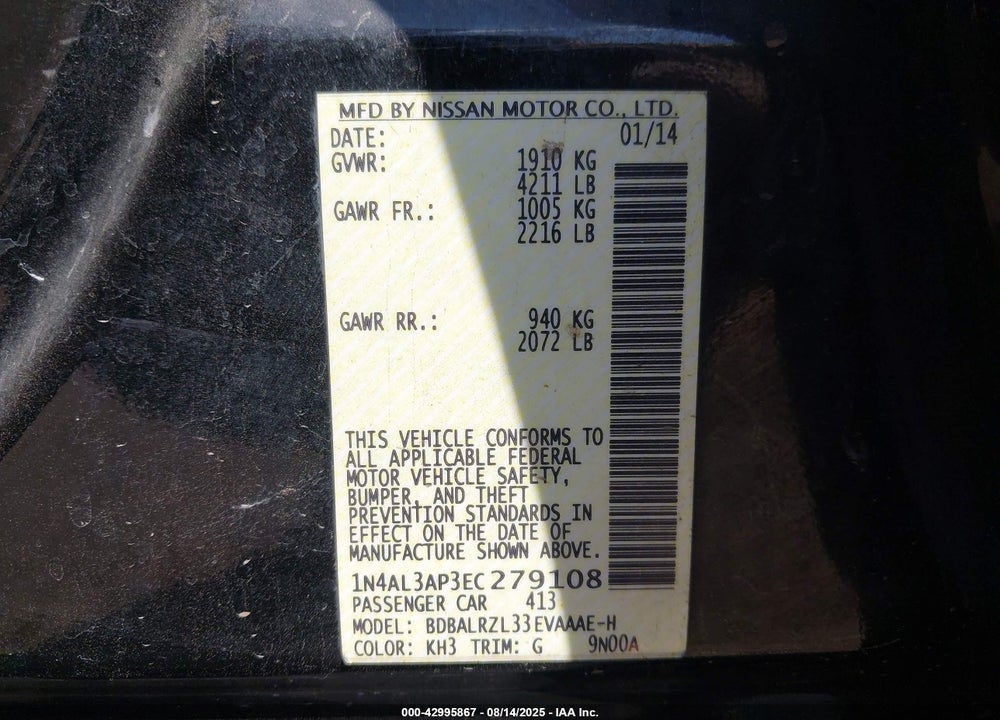 2014 NISSAN ALTIMA VIN: 1N4AL3AP3EC279108