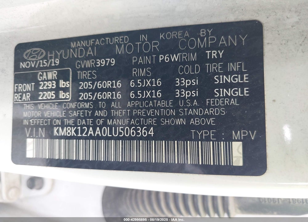 2020 HYUNDAI KONA SE VIN: KM8K12AA0LU506364