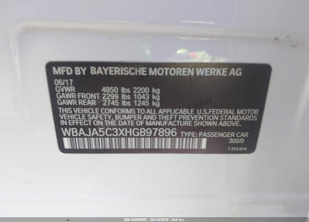 2017 BMW 5 SERIES VIN: WBAJA5C3XHG897896
