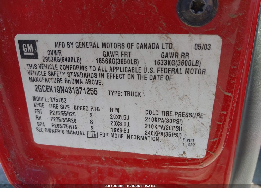 2003 CHEVROLET SILVERADO 1500 SS VIN: 2GCEK19N431371255