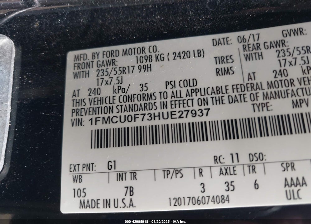 2017 FORD ESCAPE S VIN: 1FMCU0F73HUE27937