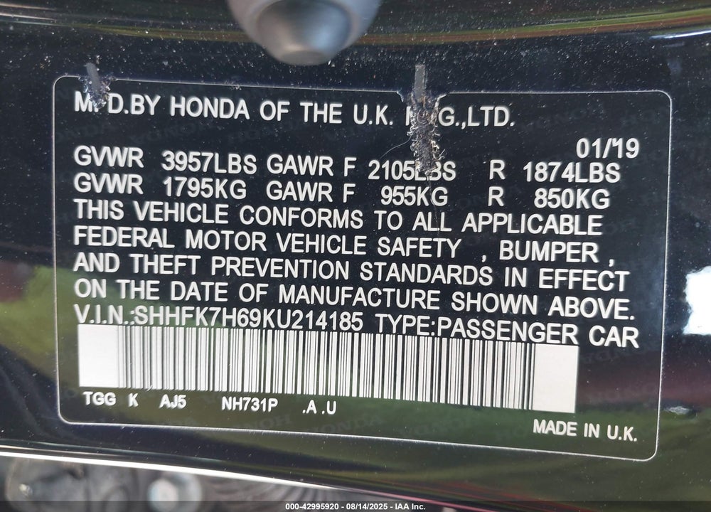 2019 HONDA CIVIC VIN: SHHFK7H69KU214185