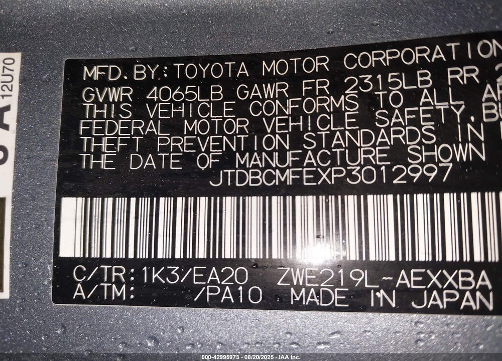 2023 TOYOTA COROLLA VIN: JTDBCMFEXP3012997