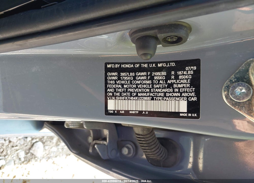 2019 HONDA CIVIC EX VIN: SHHFK7H64KU228687