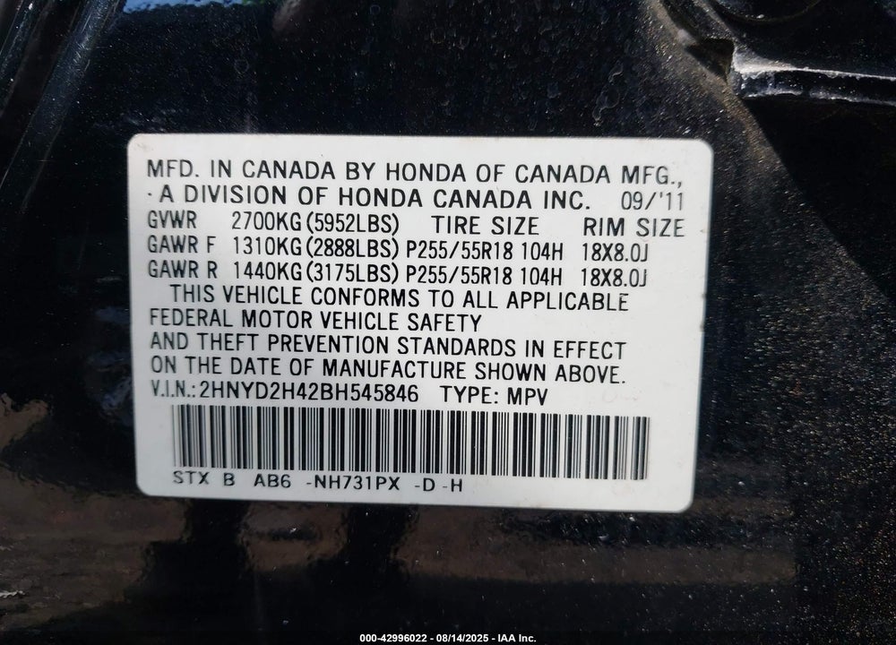 2011 ACURA MDX VIN: 2HNYD2H42BH545846