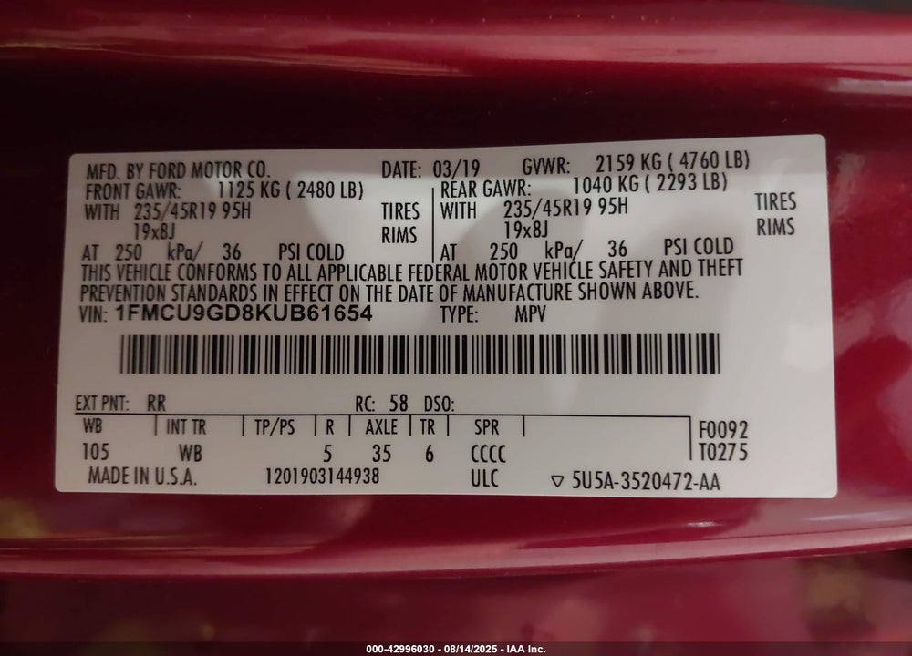 2019 FORD ESCAPE VIN: 1FMCU9GD8KUB61654