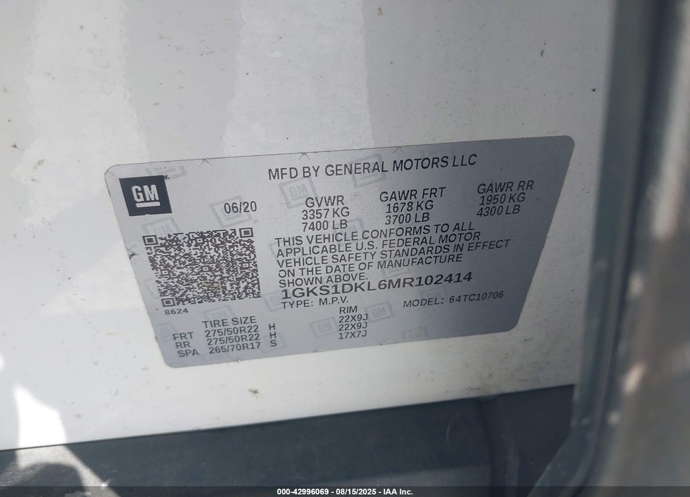 2021 GMC YUKON VIN: 1GKS1DKL6MR102414