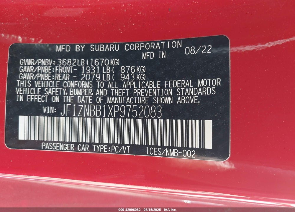 2023 TOYOTA GR 86 VIN: JF1ZNBB1XP9752083