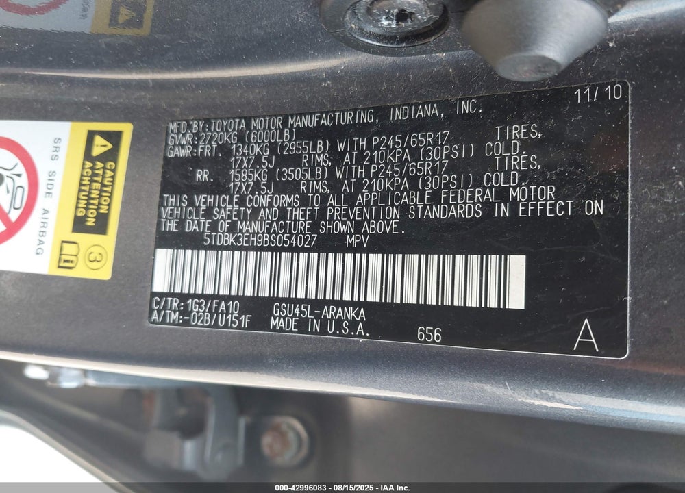2011 TOYOTA HIGHLANDER VIN: 5TDBK3EH9BS054027