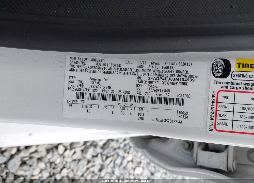 2018 FORD FIESTA VIN: 3FADP4EJ8JM104939