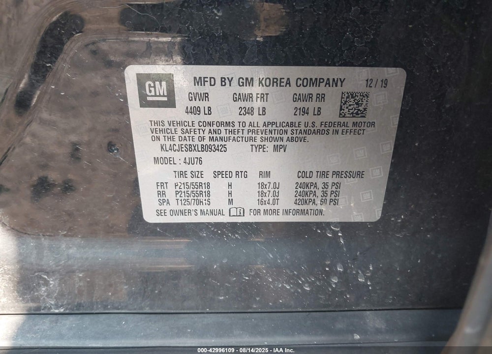 2020 BUICK ENCORE VIN: KL4CJESBXLB093425