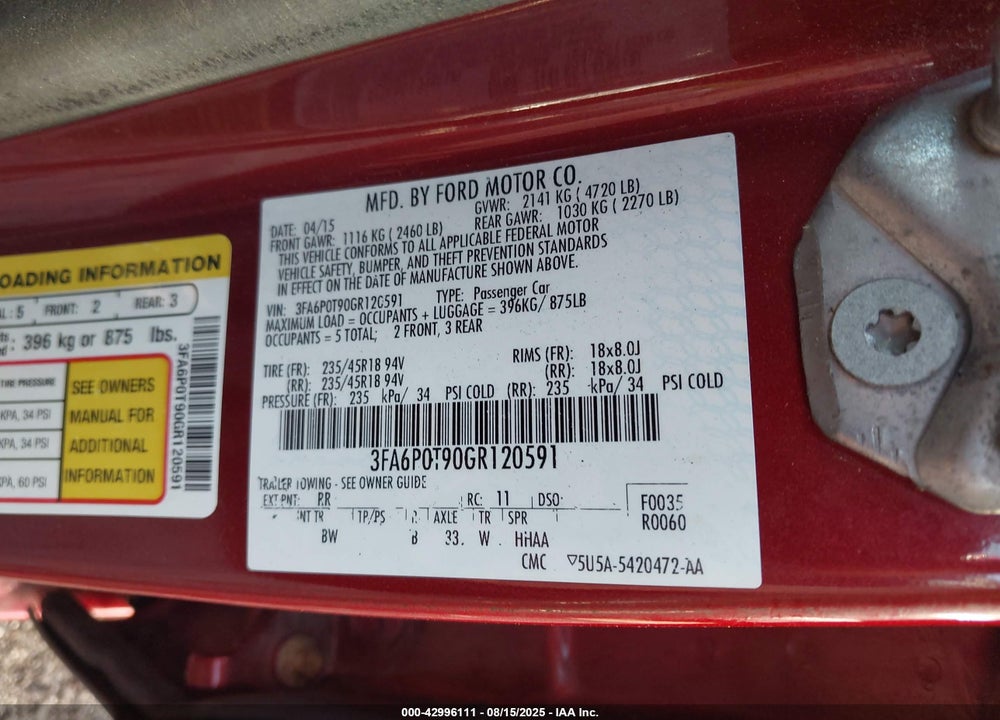 2016 FORD FUSION VIN: 3FA6P0T90GR120591