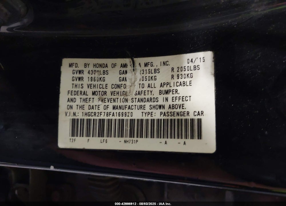 2015 HONDA ACCORD VIN: 1HGCR2F78FA169920