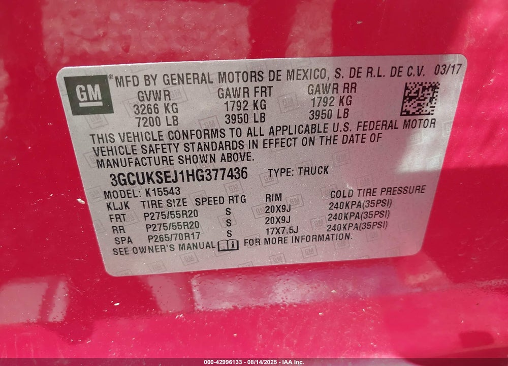 2017 CHEVROLET SILVERADO 1500 VIN: 3GCUKSEJ1HG377436