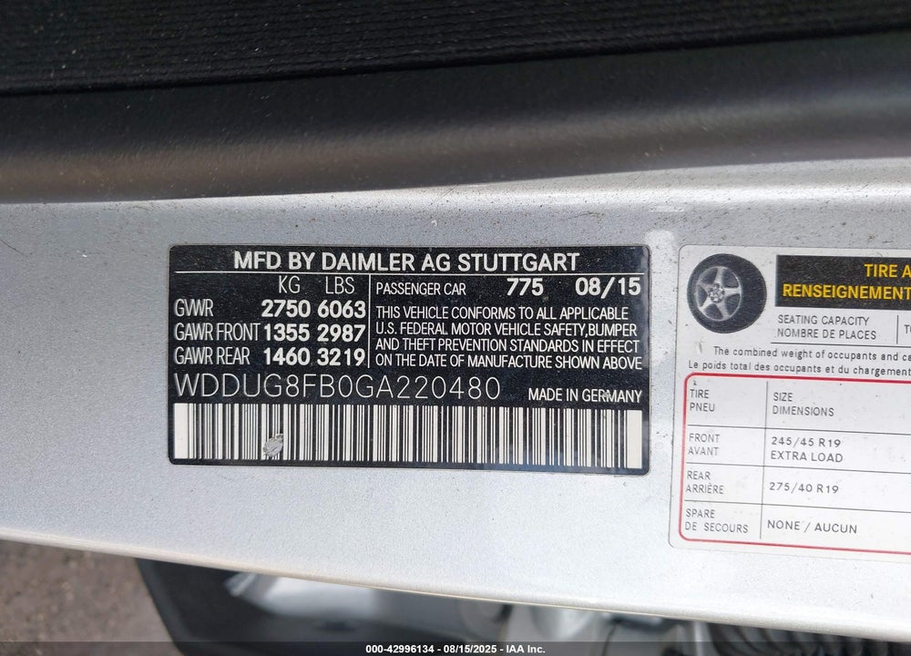 2016 MERCEDES-BENZ S CLASS VIN: WDDUG8FB0GA220480