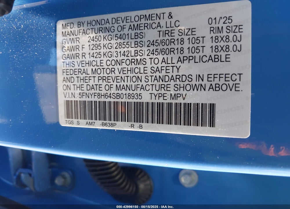 2025 HONDA PASSPORT AWD TRAILSPORT VIN: 5FNYF8H64SB018935