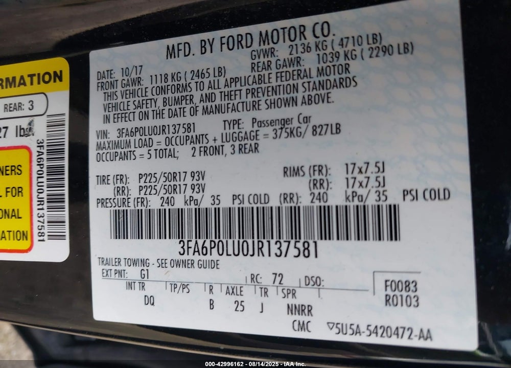 2018 FORD FUSION VIN: 3FA6P0LU0JR137581