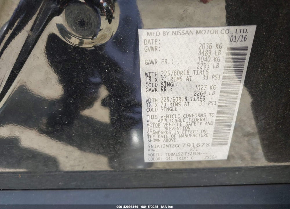 2016 NISSAN ROGUE VIN: 5N1AT2MT2GC791678