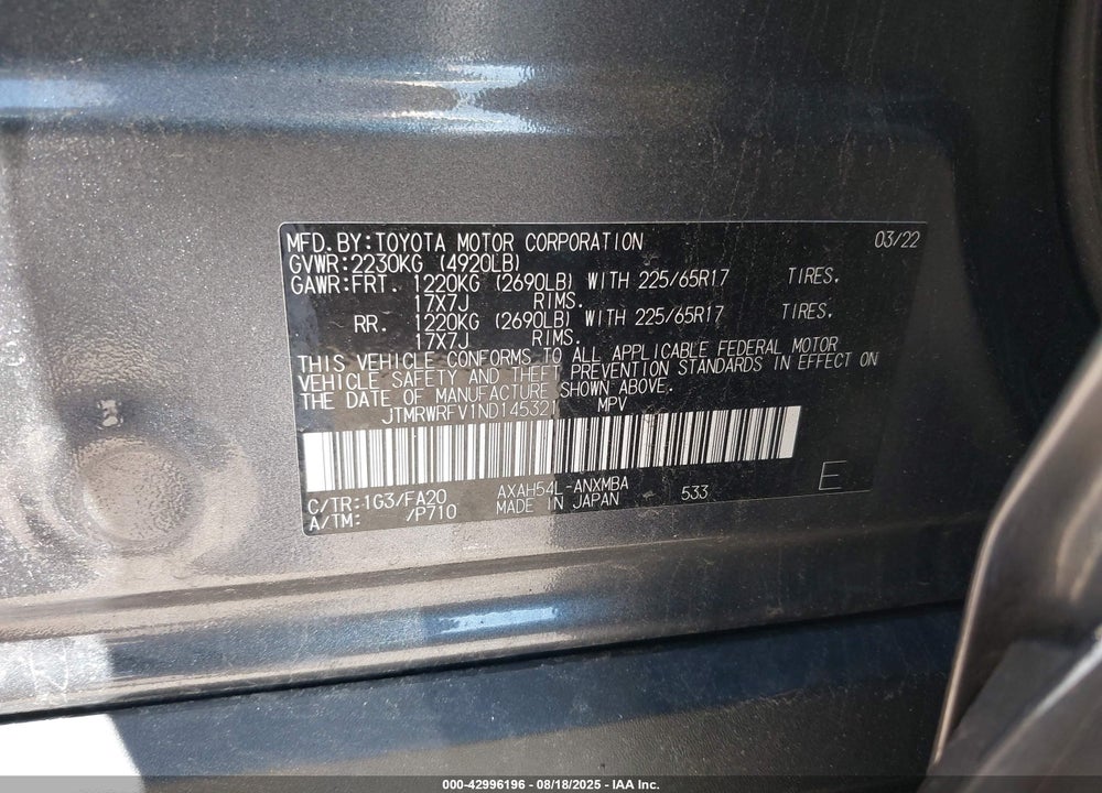2022 TOYOTA RAV4 HYBRID VIN: JTMRWRFV1ND145321
