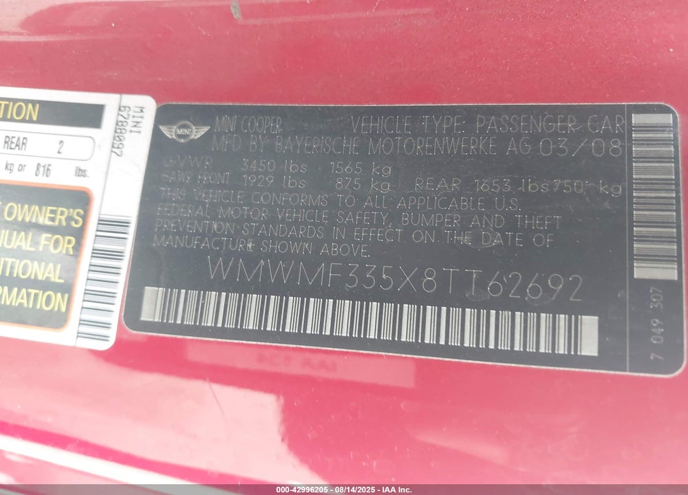 2008 MINI COOPER VIN: WMWMF335X8TT62692