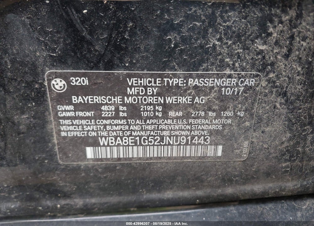 2018 BMW 320I VIN: WBA8E1G52JNU91443