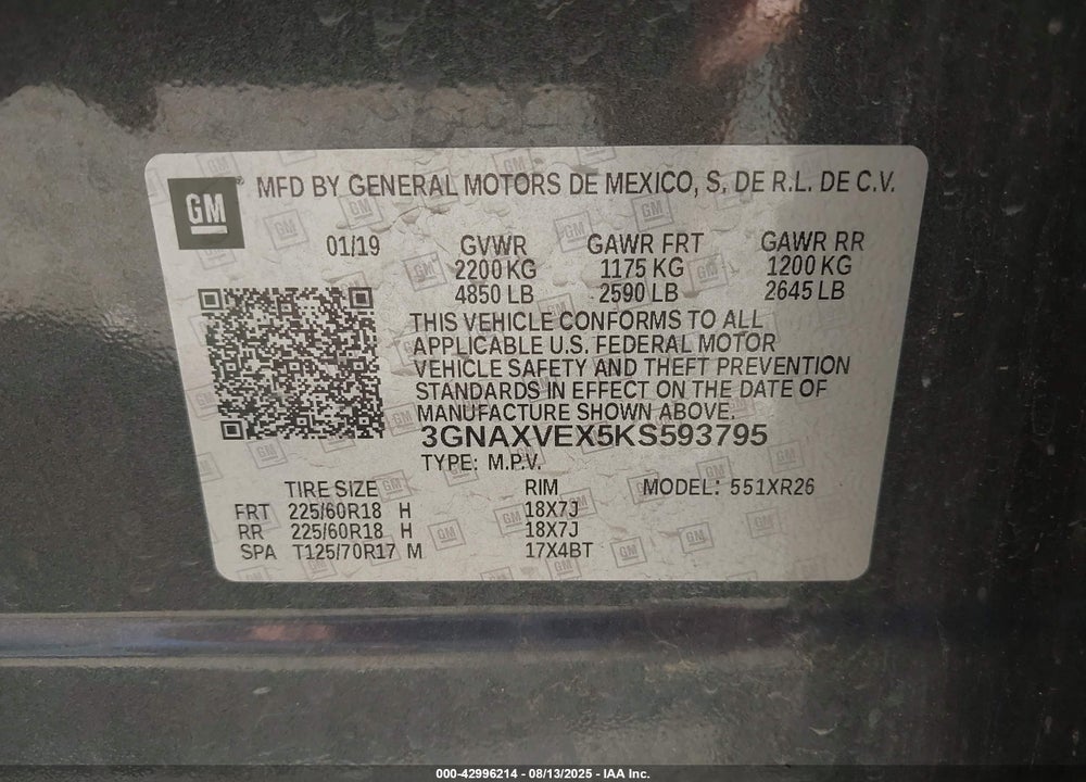 2019 CHEVROLET EQUINOX VIN: 3GNAXVEX5KS593795