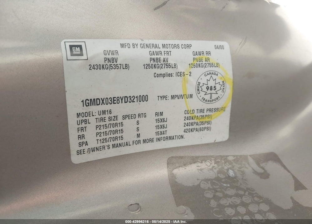 2000 PONTIAC MONTANA M16 VIN: 1GMDX03E8YD321000