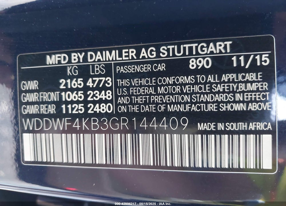2016 MERCEDES-BENZ C CLASS VIN: WDDWF4KB3GR144409