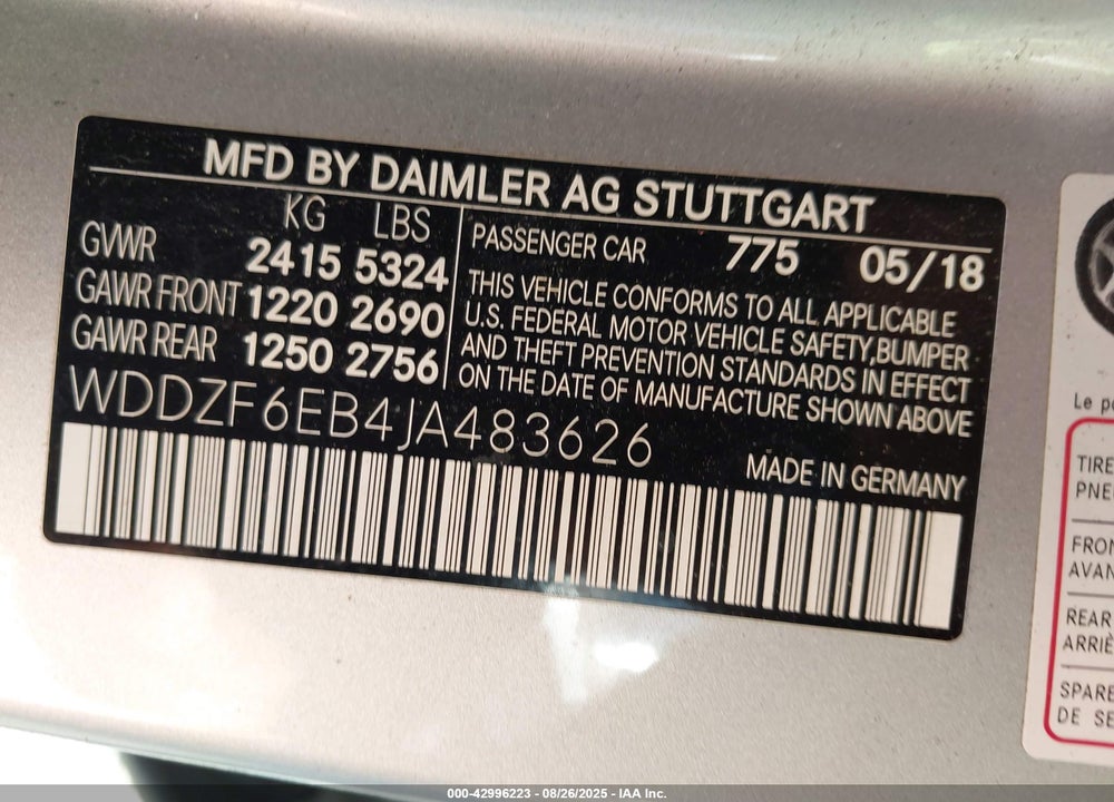 2018 MERCEDES-BENZ E-CLASS VIN: WDDZF6EB4JA483626