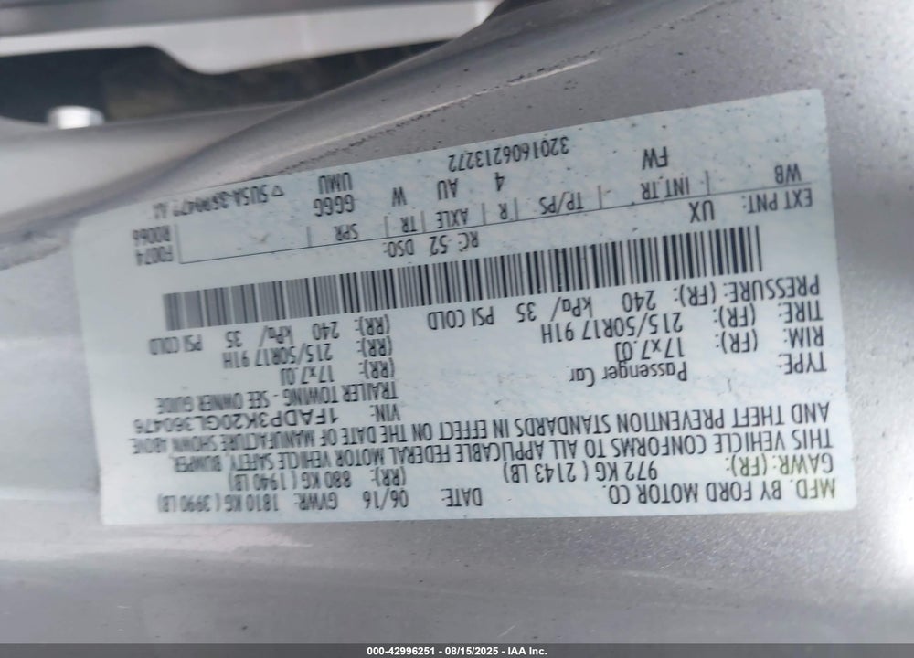 2016 FORD FOCUS SE VIN: 1FADP3K20GL360476