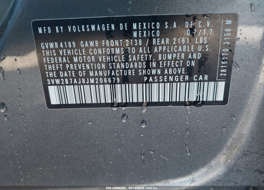 2018 VOLKSWAGEN JETTA 1.4T S VIN: 3VW2B7AJ8JM206679