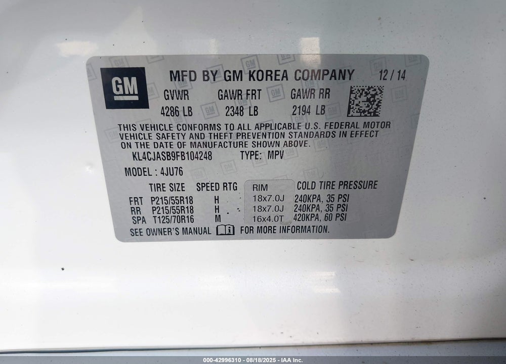 2015 BUICK ENCORE VIN: KL4CJASB9FB104248