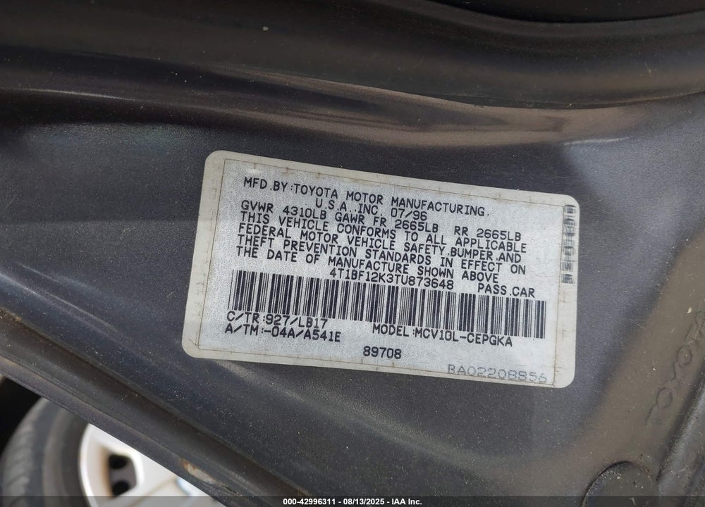 1996 TOYOTA CAMRY LE/XLE/SE VIN: 4T1BF12K3TU873648