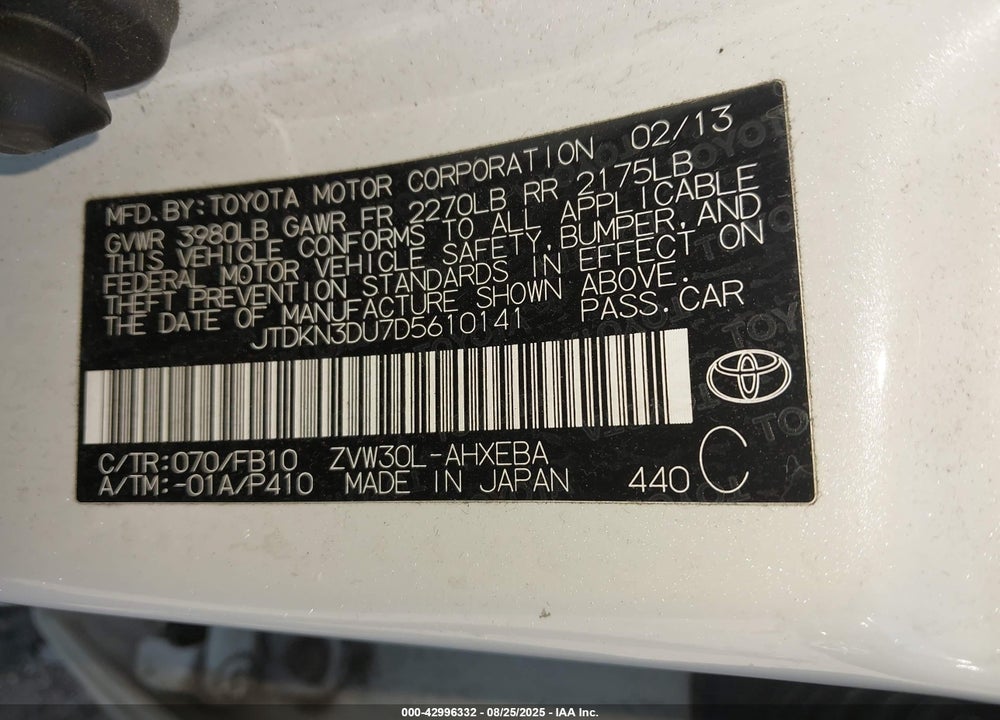 2013 TOYOTA PRIUS VIN: JTDKN3DU7D5610141