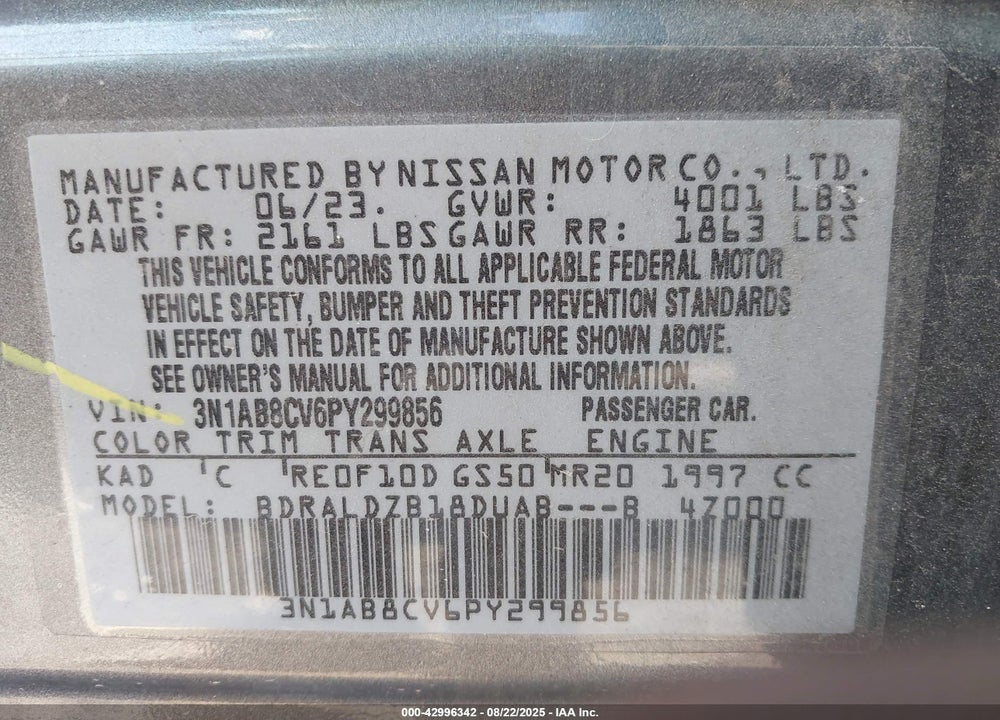 2023 NISSAN SENTRA SV XTRONIC CVT VIN: 3N1AB8CV6PY299856
