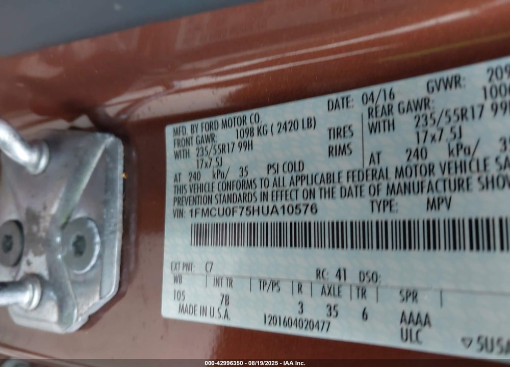 2017 FORD ESCAPE VIN: 1FMCU0F75HUA10576