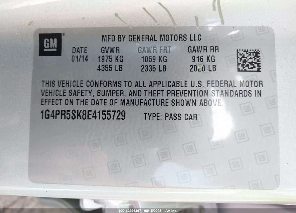 2014 BUICK VERANO VIN: 1G4PR5SK8E4155729