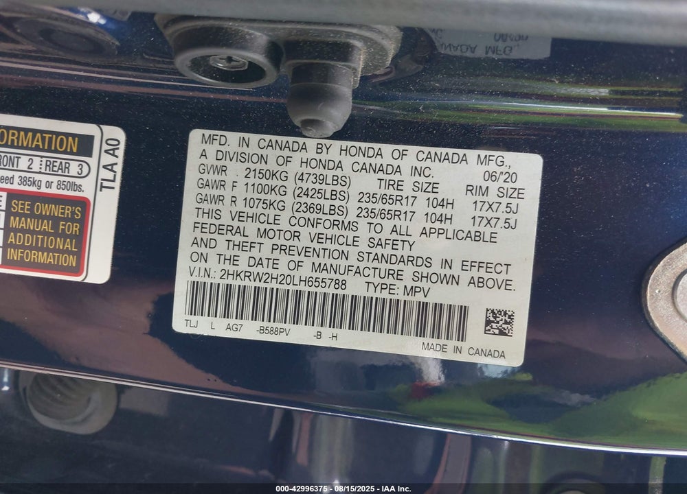 2020 HONDA CR-V VIN: 2HKRW2H20LH655788