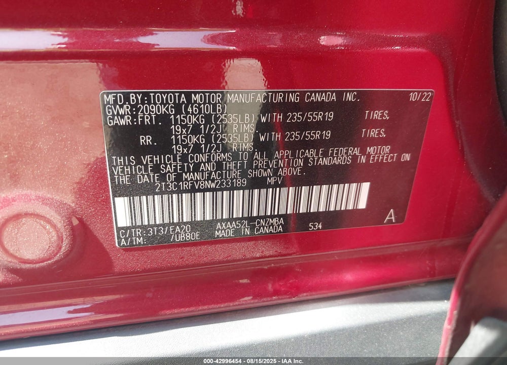 2022 TOYOTA RAV4 VIN: 2T3C1RFV8NW233189