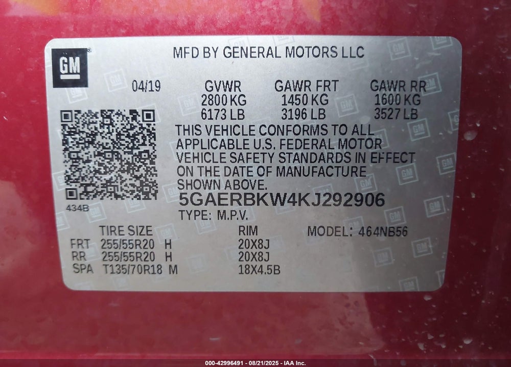 2019 BUICK ENCLAVE VIN: 5GAERBKW4KJ292906